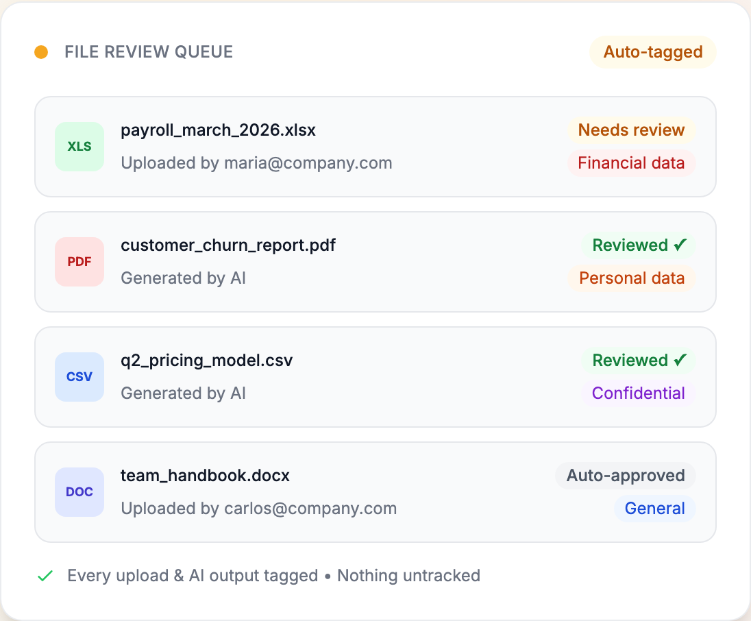 AI governance file review queue showing payroll spreadsheet, customer churn report and pricing files auto-tagged as financial, personal and confidential data with review status