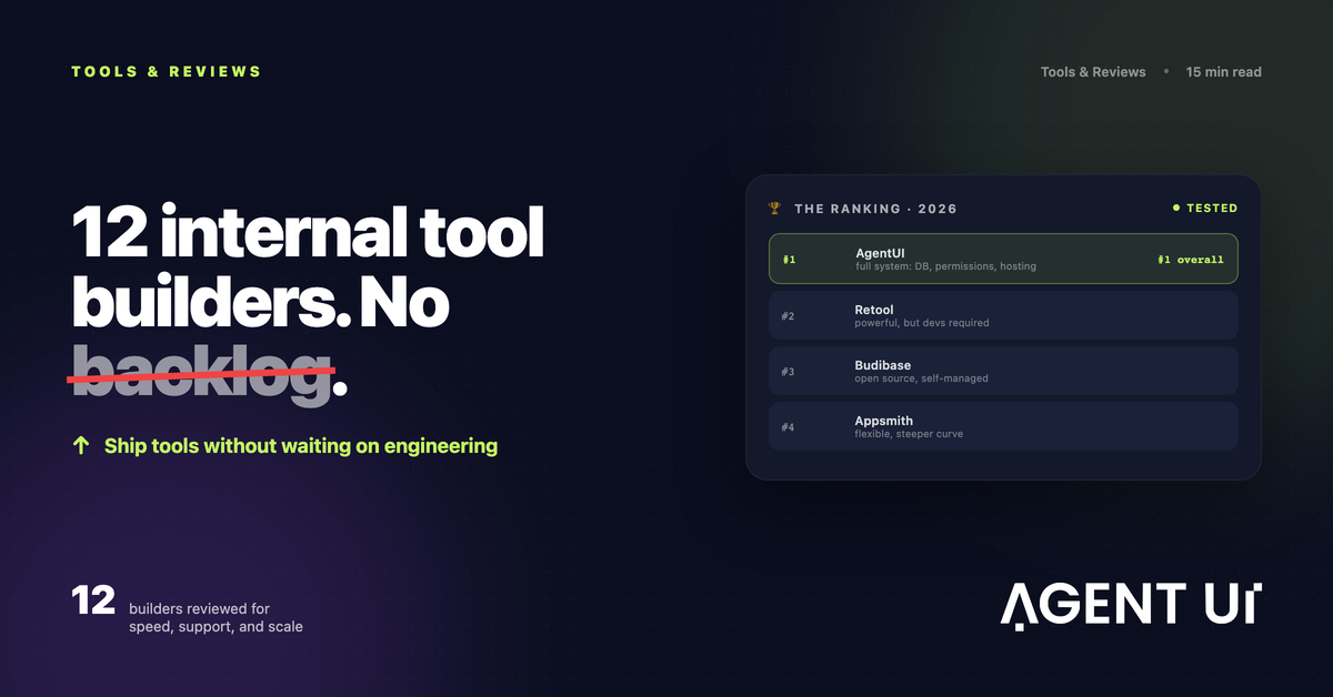 Ranking of the 12 best internal tool builders in 2026 comparing AgentUI, Retool, Budibase, and Appsmith