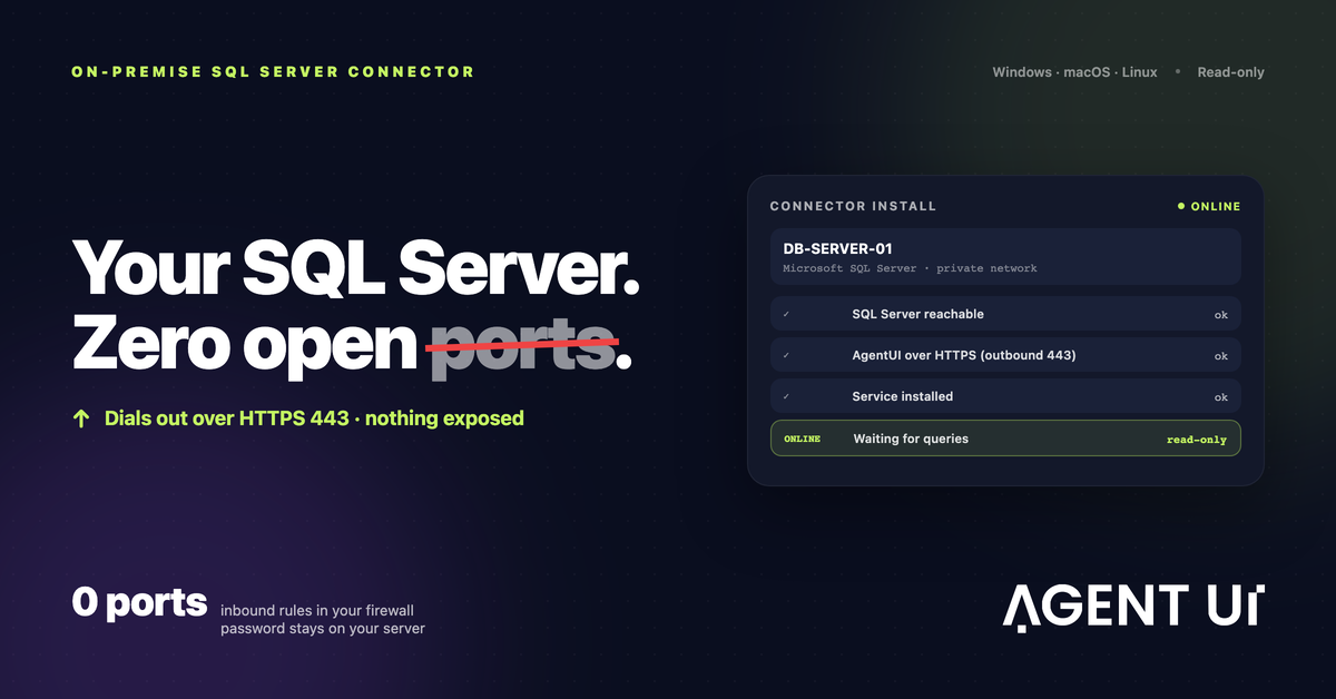 온프레미스 SQL Server 커넥터 | 포트 개방 없이 | Agent UI