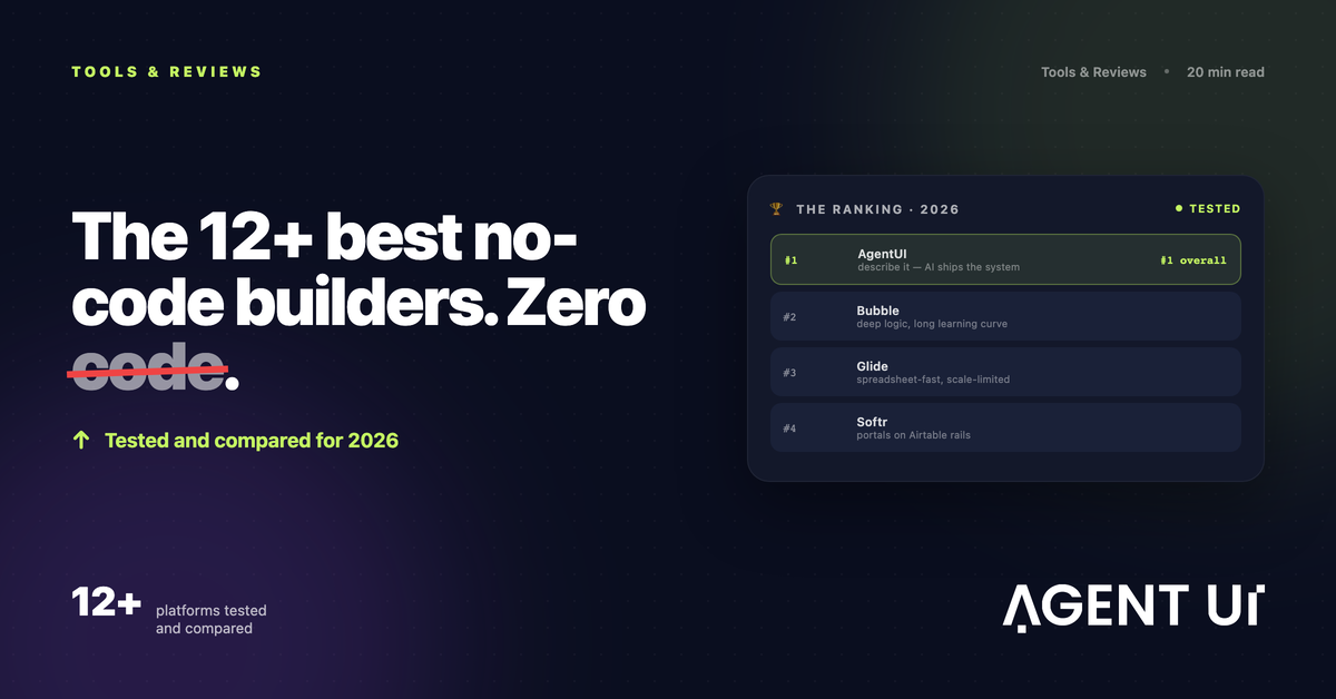 Ranking of the 12+ best no-code app builders in 2026 comparing AgentUI, Bubble, Glide, and Softr