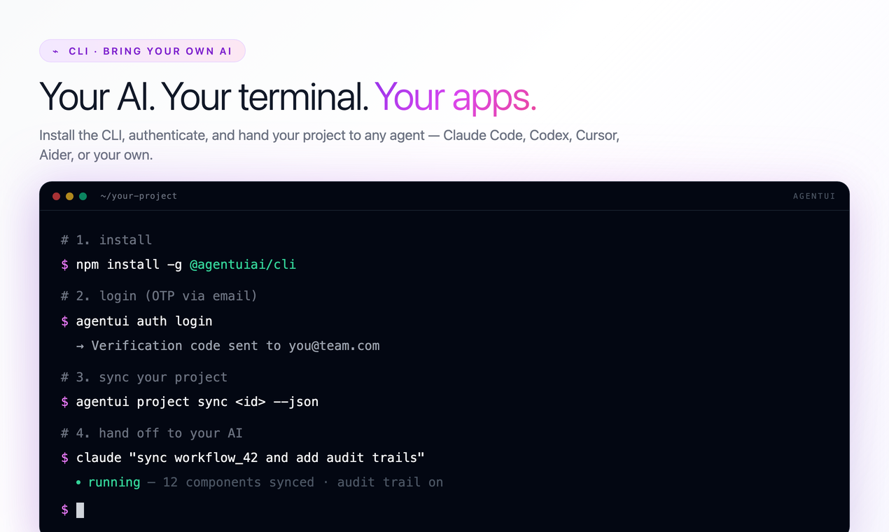 Terminal showing the AgentUI CLI workflow: install, auth login, project sync, then hand off to Claude Code