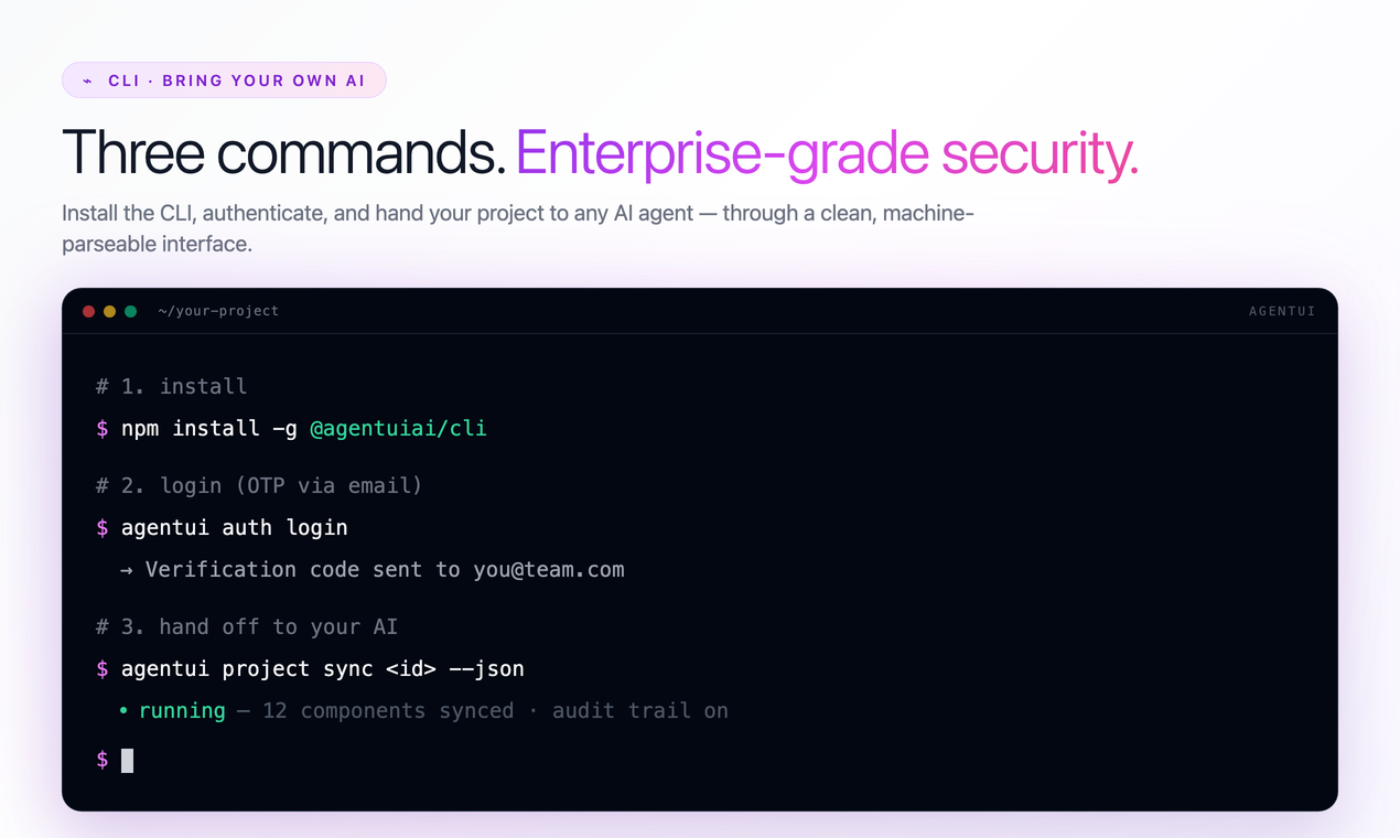 Terminal showing the three AgentUI CLI commands: npm install, agentui auth login, and agentui project sync