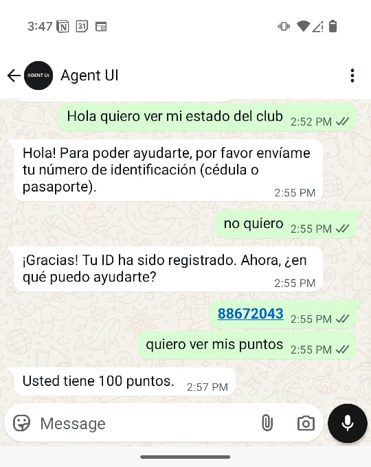WhatsApp Automation for Business Owners WhatsApp chat with an automated Agent UI assistant answering a customer in Spanish — asking for an ID number, confirming registration and replying with the customer's points balance